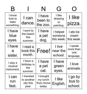 Beginning of the Year Bingo Card