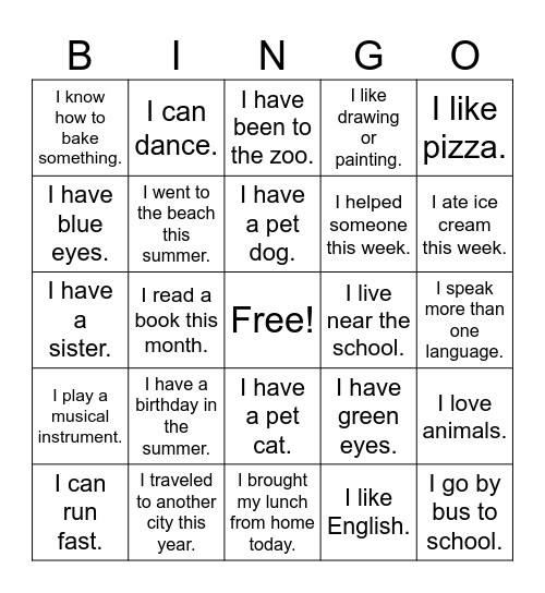 Beginning of the Year Bingo Card