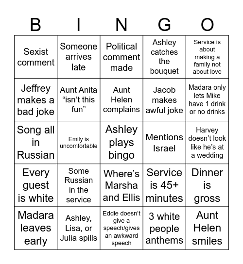 Emily Wedding Bingo Card