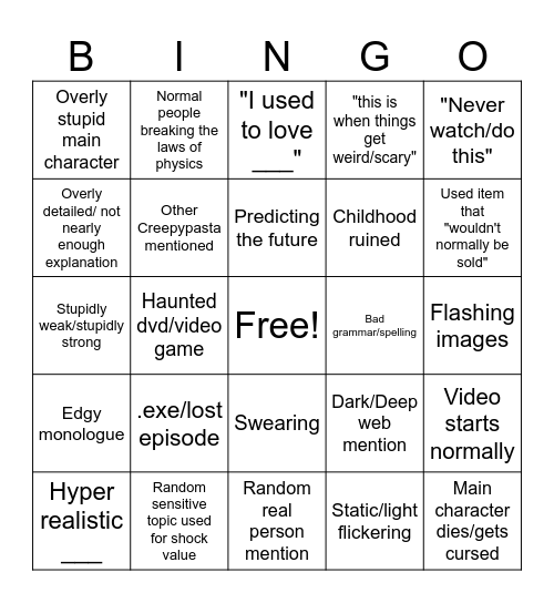 Shitty Creepypasta Bingo Card