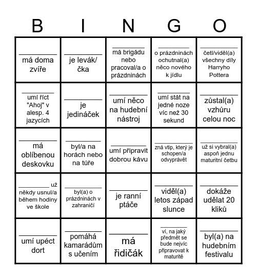 Poprázdninové Bingo Card
