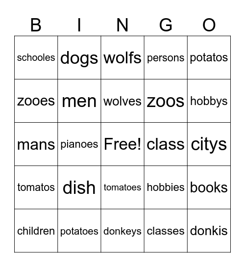 Singular and Plural Nouns Bingo Card