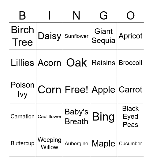 TRingo! #30 Veggies, Fruits, Plants, Trees & Flowers Bingo Card