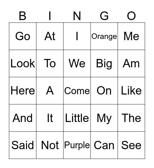 Site Word Bingo Card