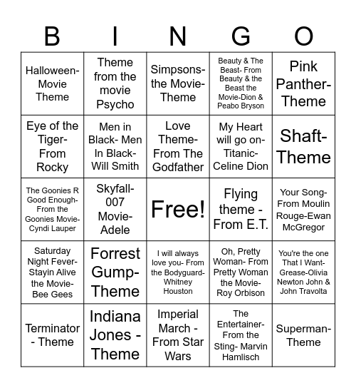 AA53 Songs In & From Movies 3 Bingo Card