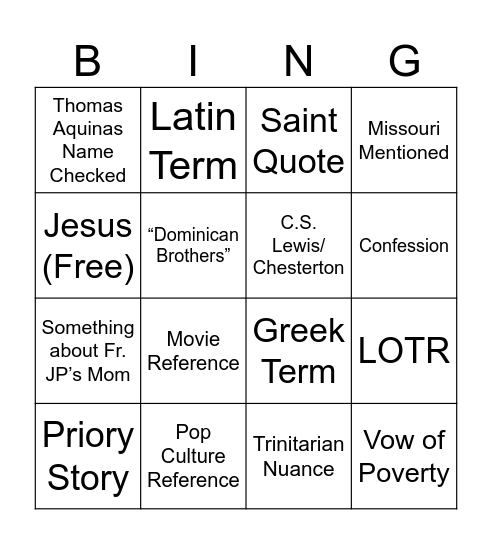 Holy Rosary Homily Bingo Card
