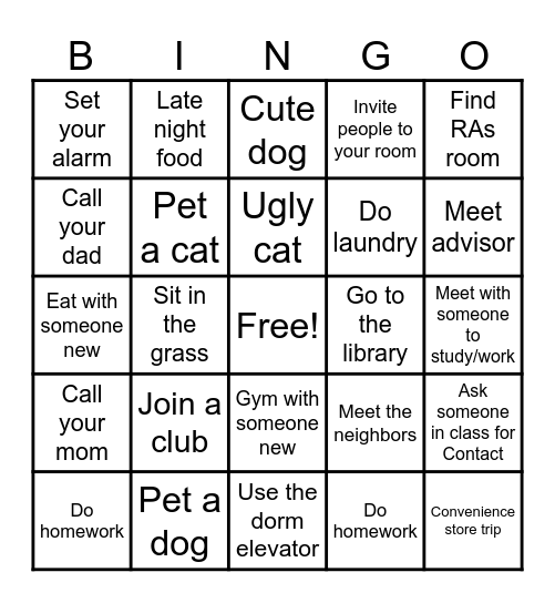 COLLEGE NEW Bingo Card