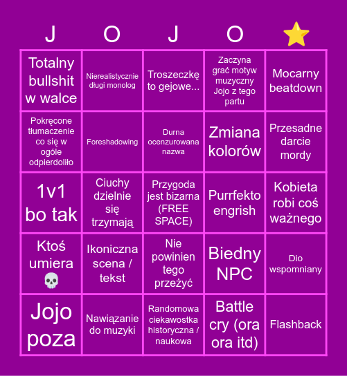 Jojo's Bizarre Bingo Card