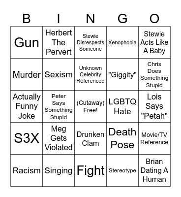 Family Guy X Bingo Card