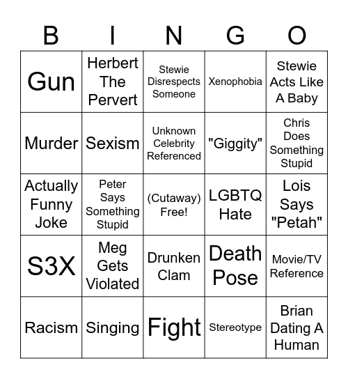 Family Guy X Bingo Card