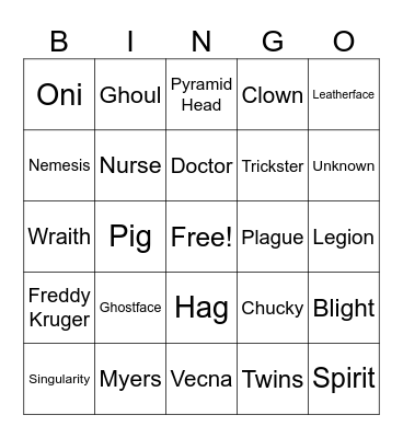 DBD Killer Bingo Card