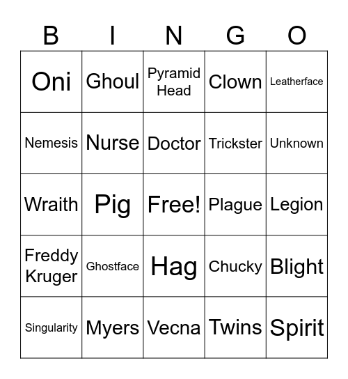 DBD Killer Bingo Card