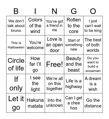 Disney music Bingo Card