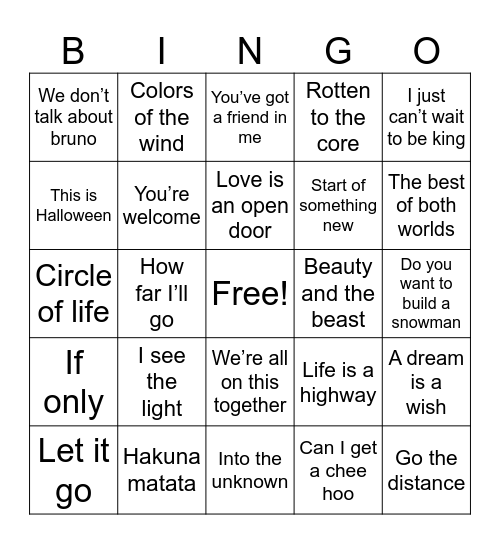 Disney music Bingo Card