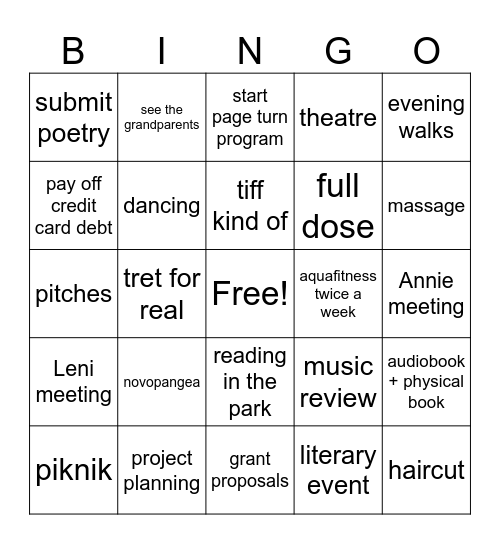 September Bingo Card
