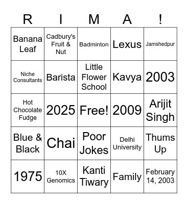 Rima's 50th Birthday Bingo Card