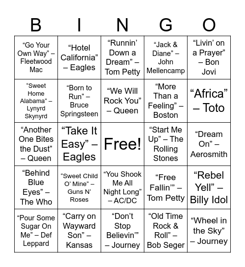 Classic Rock Vibes Bingo Card