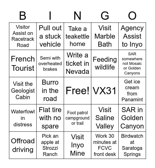 Death Valley Law Enforcement Bingo Card
