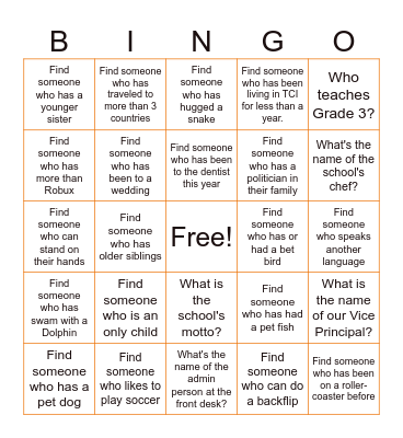 Grade 6 Orientation 2025 Bingo Card