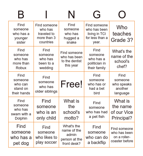 Grade 6 Orientation 2025 Bingo Card