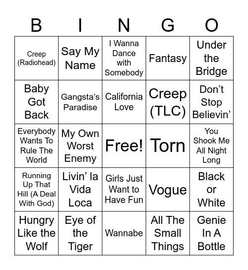 80s vs 90s Music Bingo Card