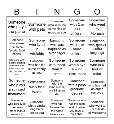 Get-to-know-you Bingo: ADULTS Bingo Card