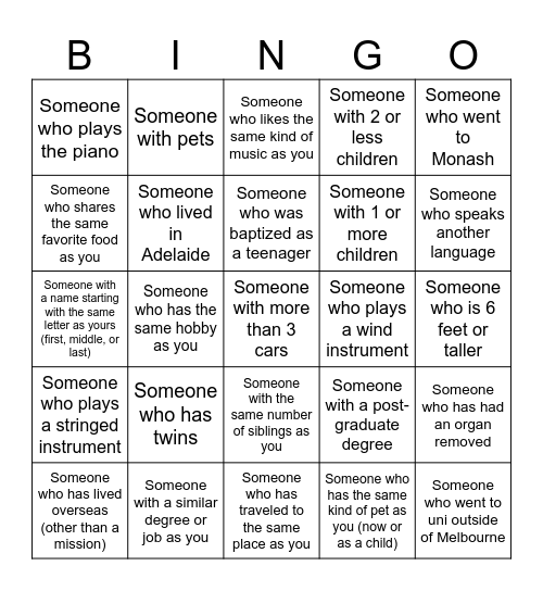 Get-to-know-you Bingo: ADULTS Bingo Card