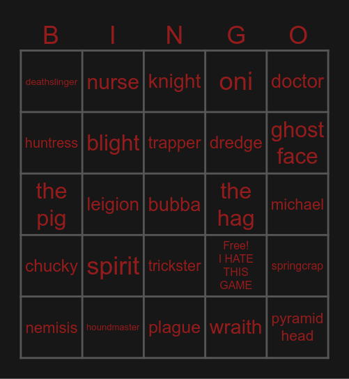 I HATE THIS GAME HANNAH DBD Bingo Card