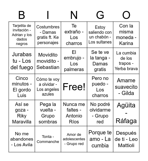 Bingo cumbia y cuarteto Bingo Card