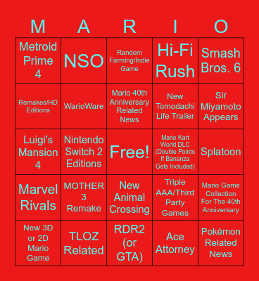 NINTENDO DIRECT 9.12.25 Bingo Card