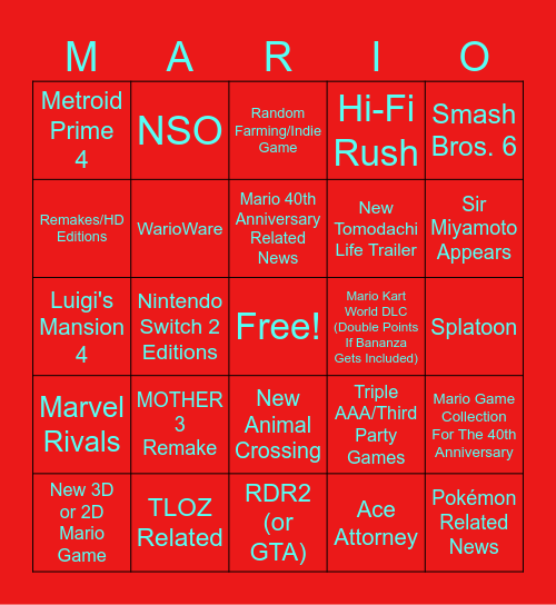 NINTENDO DIRECT 9.12.25 Bingo Card
