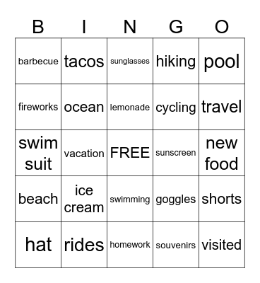 Summer Vacation Bingo Card