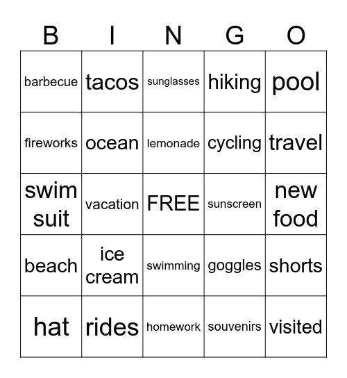 Summer Vacation Bingo Card