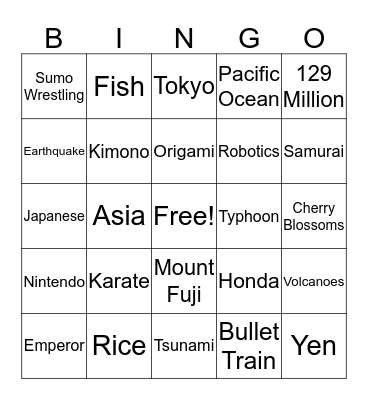 Where in the World is Japan? Bingo Card