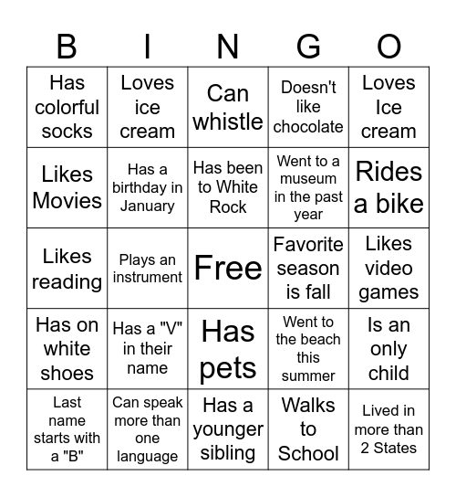 Middle School BINGO: Find someone who... Bingo Card