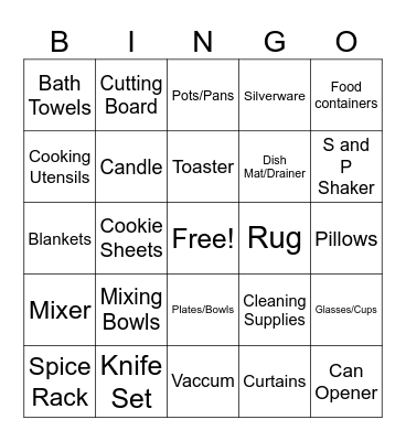 Household Shower Bingo Card