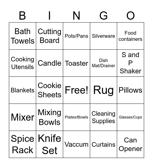 Household Shower Bingo Card