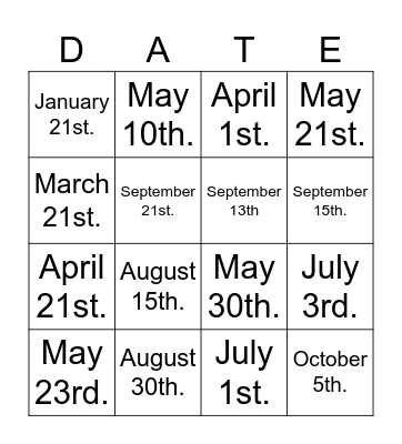 DATES * MONTHS Bingo Card