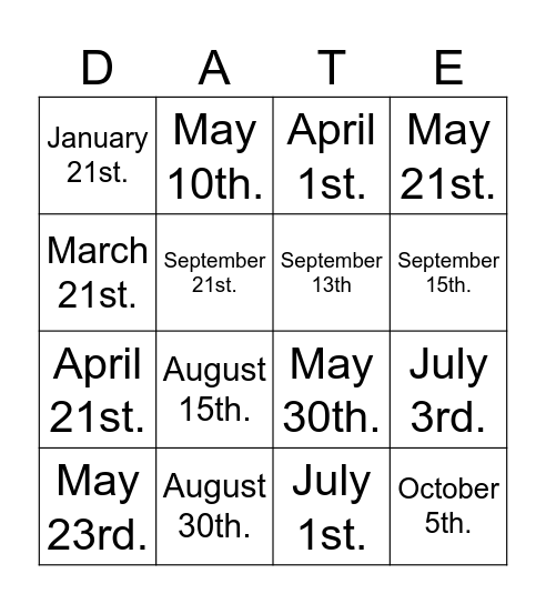 DATES * MONTHS Bingo Card