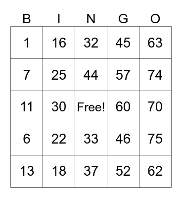 Jaxson’s BINGO Card