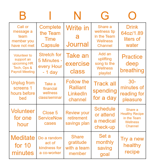 Healthy Earnings Bingo Card