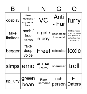 Roblox bingo Card