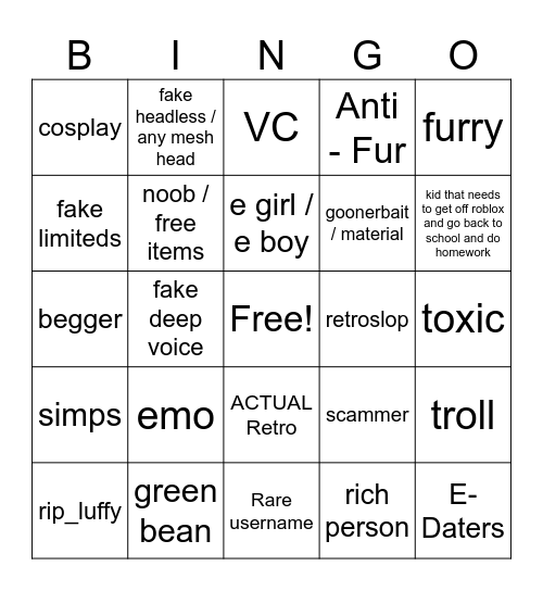 Roblox bingo Card