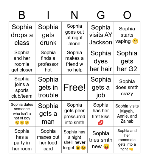 Sophia's Freshman Year Bingo Card