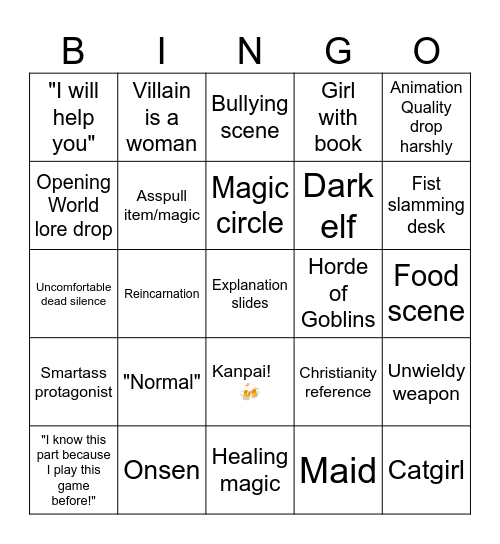 Isekai tropes Bingo Card