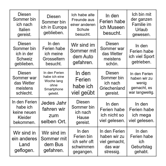 Reisen und Urlaub: die Sommerferien Bingo Card