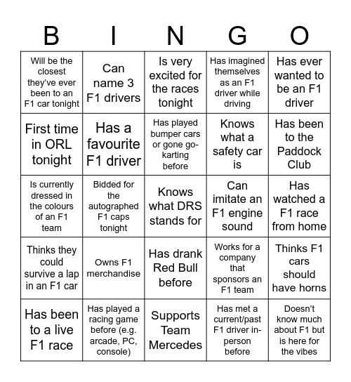 F1 Bingo Card