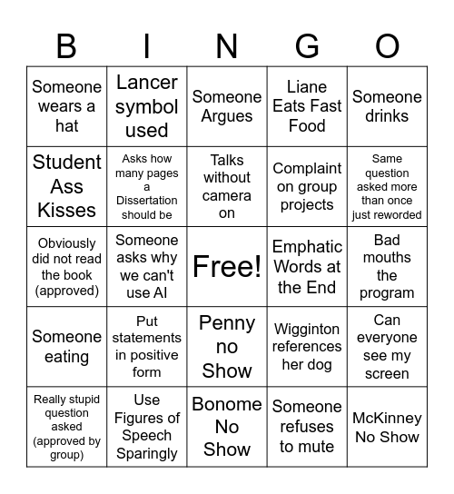 CBU Dissertation Bingo Card