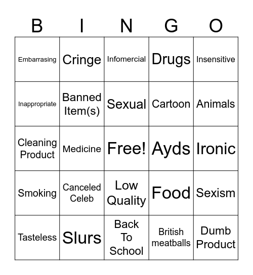 Cancelled Commercials Bingo Card