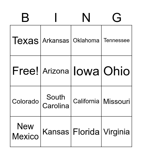 License Plates Bingo Card